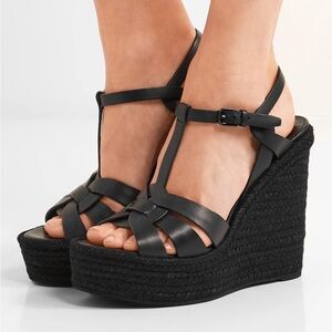 Saint Laurent Tribute Woven Leather Espadrille Wedge Sandals